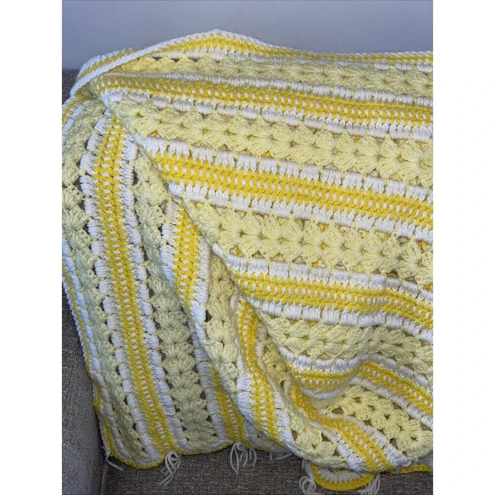 Handmade Crochet Throw Lap Blanket Colorful White Yellow 54x36